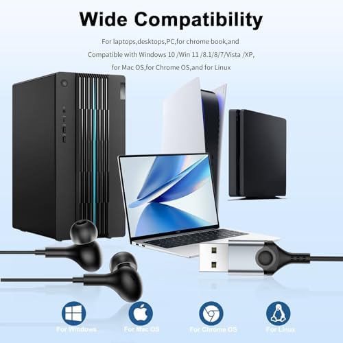 Lightweight USB Noise-Canceling Headset with Microphone for PCs and Laptops – 7.5 Ft Wired Earbuds Featuring In-Line Volume Control for Seamless Zoom Meetings and Online Learning, Optimized for Dell & HP – Superior Comfort and Crystal-Clear Audio for Extended Use