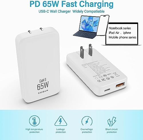 Experience Unmatched Charging Efficiency with the 65 W Ga N Dual-Port USB-C Charger – Foldable Travel Adapter with PD3.0 & PPS Technology, Ideal for Mac Book, i Pad Pro, i Phone, Galaxy S22 & More – Includes 3.28 ft 100 W Cable in Sleek Black for Ultimate Compatibility and Speed Optimization.