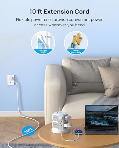 TROND Tower Surge Protector Power Strip – 14 Spacious Outlets & 4 Fast USB Ports (2 USB-C) – 2100 Joules Surge Defense – 6 Feet Versatile Extension Cord for Home Office & Dorm Setup – Streamlined Design for Optimal Charging Efficiency and Device Safety