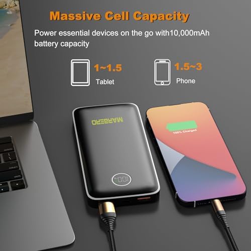 MARBERO 10,000 m Ah Slim Fast Charging Power Bank with PD & QC Technology – Lightweight Portable Charger for Phones and Tablets, Ideal for Travel and Camping – LED Display for Easy Battery Monitoring and Enhanced Device Compatibility