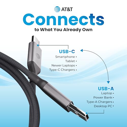 AT&T 6 ft Braided USB-C Charging Cable – Durable & Tangle-Free Cord for Fast Data Transfer and Universal Device Compatibility – Ideal for Phones, Tablets, and Laptops – Includes Warranty for Enhanced Reliability – Sleek Black Design