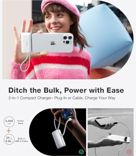 Pogomini Ultra-Compact 5000 m Ah Power Bank with Built-in USB-C Cable – 22.5 W Fast Charging for i Phone 16, Galaxy S25 & More – Ideal Travel Backup Battery, Sleek Arctic White Design for Effortless Portability and Universal Compatibility