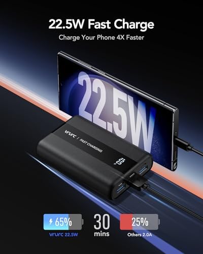 Ultra-Reliable VRURC 20,000 m Ah Portable Power Bank – Fast Charging Battery Pack with 4 USB Outputs and 3 Input Options for Ultimate Device Compatibility – Compact Travel Essential for i Phone, Samsung, and Android Users – Durably Designed for On-the-Go Charging Needs
