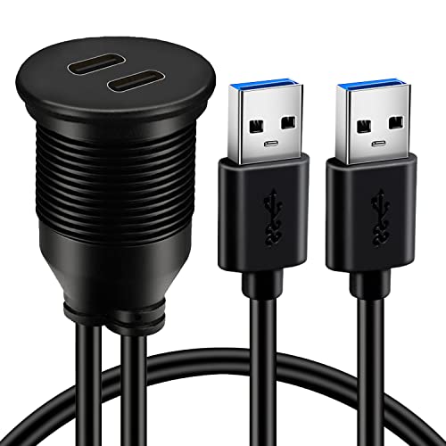BATIGE Waterproof Dual Port USB-C 3.1 Flush Mount Cable for Vehicles – 3 ft Male to Female Extension for Car, Truck, Boat, and Motorcycle – High-Speed Data Transfer and Charging Solution with Sleek Design and Enhanced Durability