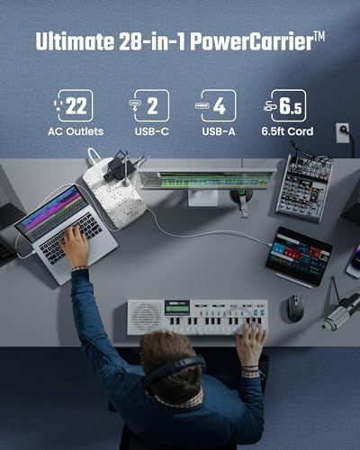 SUPERDANNY 22-Outlet Surge Protector Power Strip with 6.5 Ft Cord, 2 USB-C & 4 USB Ports – High-Capacity 1875 W/15 A with 2100 J Surge Protection for Home, Office, and Dorm Use – Wall Mount Design for Space-Saving Convenience