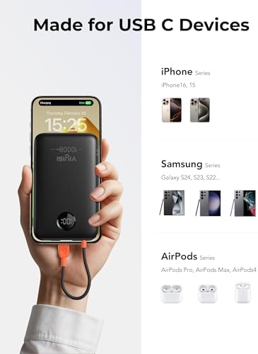 Slim Pink Portable Charger 10000 m Ah – USB-C Power Bank with Built-in Cable & LED Display for Fast Charging – Travel-Friendly Battery Pack Compatible with i Phone 16, 15, Samsung S24, S23 – Ultimate Convenience & Style