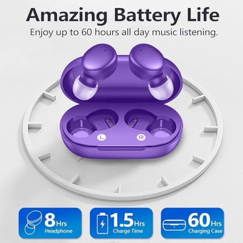 Ultra-Lightweight MOZOTER S8 Mini Wireless Earbuds – Bluetooth 5.3 Headphones with 60 Hours Playtime, Deep Bass Performance, Sweat-Resistant Design in Trendy Purple, Optimal Comfort for Sports & Daily Use