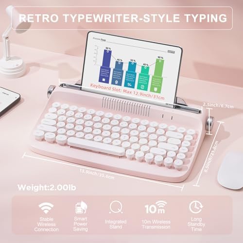 YUNZII ACTTO B303 Wireless Typewriter Keyboard – Adorable Sweet Mint Retro Design with Bluetooth Connectivity for Seamless Multi-Device Typing – Integrated Stand for Tablets, Phones, PCs – Perfect for Windows, Mac, Android Users – Elevate Your Workspace with Vintage Charm and Enhanced Typing Speed