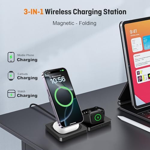 Ultimate 3-in-1 Magnetic Wireless Charger Stand for i Phone 16/15/14/13/12, Air Pods, and Apple Watch Series – 15 W Fast Charging Station with Enhanced Compatibility for All Apple Devices – Sleek Black Design for Effortless Desk Organization and Safe Charging Solutions