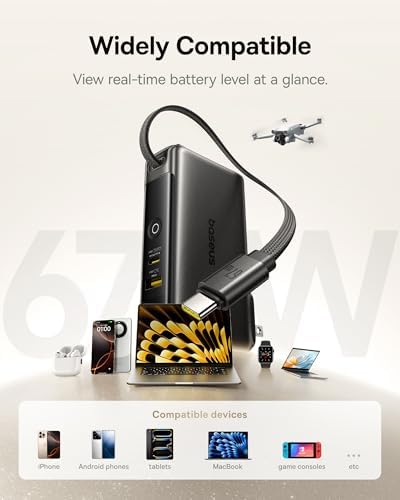 Baseus Nomos 3-in-1 Power Bank: 67 W Fast Charging with Foldable Wall Plug & 10,000 m Ah Capacity – Ultimate Travel Charger with Built-in USB-C Cable for i Phone 16/15, Samsung, Mac Book & Laptops – Unmatched Compatibility & Speed on the Go