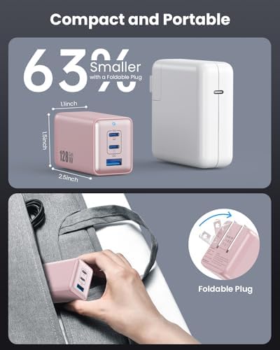High-Efficiency 128 W USB C Wall Charger – Ga N III 3-Port Fast Charging Hub for Mac Book, i Phone, Galaxy & More – Portable 65 W Adapter with Foldable Design for Ultimate Convenience and Speed