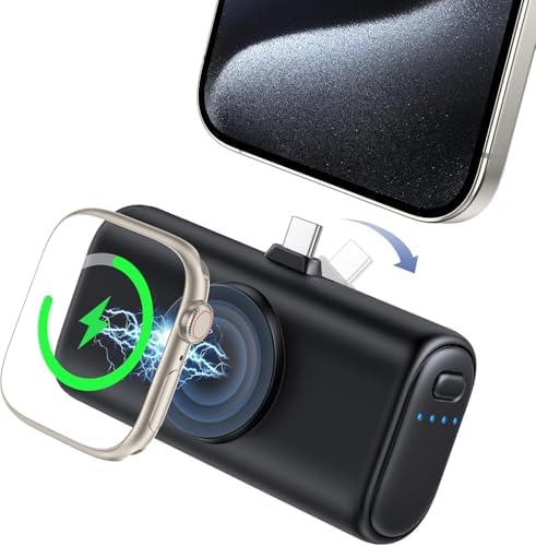 RORRY Ultra-Compact 5000 m Ah Power Bank for i Phone 15 & 16 – Foldable USB-C Fast Charger with 15 W Output, Sleek Black Design for Apple Devices and Apple Watch, Perfect for On-the-Go Power Needs