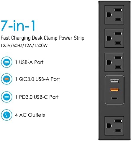 CCCEI Universal Desk Clamp Power Strip with Dual USB Ports – Advanced 1200 J Surge Protector for Desktop Mounting, Fast Charging Convenience, 6 FT Flat Plug, Ideal for Bulky Adapters, Fits 1.9 Inch Tabletops – Optimize Your Workspace Efficiency and Safety
