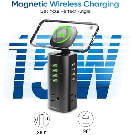Ten Trend Surge Protector Tower: 160 W Fast Charging Hub with 3 AC Outlets & 8 USB Ports (4 USB-C) – 5 FT Flat Plug Extension for Home Office Efficiency and Device Safety