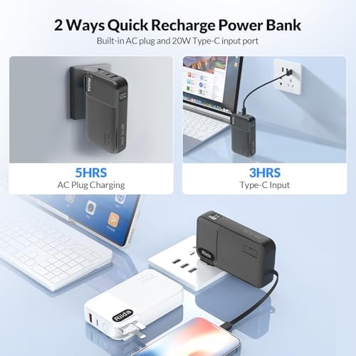 Ultimate 10,000 m Ah Portable Charger with Built-in Cables – 22.5 W Fast Charging Power Bank for i Phone 16/15/14/13, Samsung Galaxy S24/S23/S22, Google Pixel, and LG Devices – Travel-Friendly Battery Pack with AC Wall Plug for Effortless Recharging, Sleek Black Design for On-the-Go Convenience