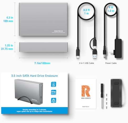 RSHTECH 3.5-Inch Aluminum USB 3.1 Gen 1 HDD Enclosure with Type C to SATA Connectivity – Ultra-Fast External Dock Case for 16 TB Drives, Perfect for SSD and HDD Data Management, Quick Setup & Enhanced Durability