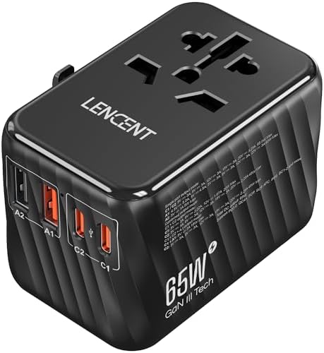 LENCENT 85 W Universal Travel Adapter with Retractable USB-C Cable – High-Speed International Plug Converter Featuring 3 Type-C & 1 USB-A Ports for Effortless Worldwide Charging – Your Ultimate Travel Essential for Maximum Compatibility, Fast Charging, and Ga N Technology Efficiency