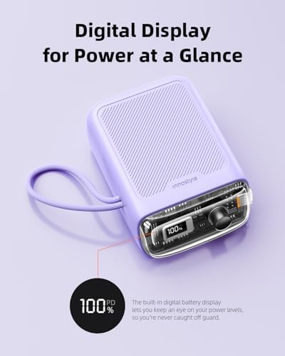 Compact 30 W Retractable USB-C Power Bank with Fast Charging – Sleek Dual Charging Battery Pack for i Phone 15, Android Devices & Laptops – Integrated 60 cm Cable & LCD Display for Ultimate On-the-Go Power Solutions