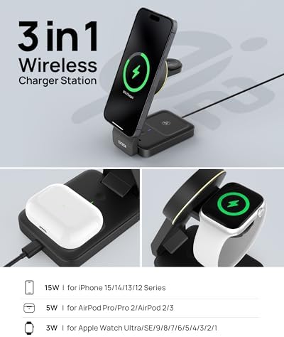 SODI QI2 3-in-1 Wireless Charging Station – 15 W Qi2 Mag-Safe Fast Charger for i Phone 16/15/14/13, Apple Watch & Air Pods – Sleek Multi-Device Power Hub with LED Indicator for Efficient Charging and Space-Saving Design