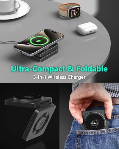 Ultimate 3-in-1 Travel Charging Station for Apple Devices – Foldable Magnetic Wireless Charger with Mag Safe Compatibility, Fast Charging Pad for i Phone 16/15/14/13/12, Air Pods, and Apple Watch – Compact Design for Effortless Portability and Enhanced Charging Efficiency