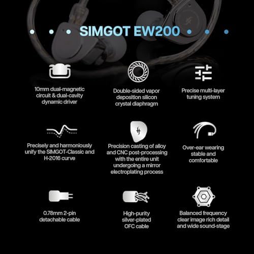 Linsoul SIMGOT EW200 Elite In-Ear Earphones – Cutting-Edge 10 mm SCP Dynamic Driver for Crystal-Clear Sound, Rugged All-Metal Design for Enduring Performance, Detachable 0.78 mm Silver-Plated OFC Cable for Superior Audio Clarity, Built-In Microphone for Effortless Communication – Perfect for Audiophiles and Musicians Seeking Unrivaled Comfort and Device Versatility
