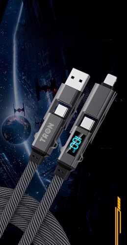 Universal TRON 4-in-1 100 W Braided Charging Cable with LCD Display – 5 FT Type-C, USB-A, Lightning Connector for i Phone, i Pad, Samsung, and Laptop – Ultimate Fast Charging Solution and Enhanced Device Compatibility