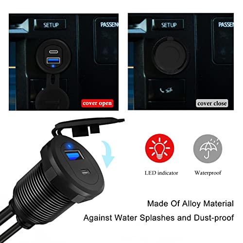 Revolutionize Your Vehicle’s Connectivity with the Type C 3.1 & USB 3.0 Flush Mount Extension Cable – 1-Foot Waterproof Dashboard Solution for Cars, Boats, and Motorcycles with Built-in LED Indicator for Enhanced Visibility and Fast Data Transfer