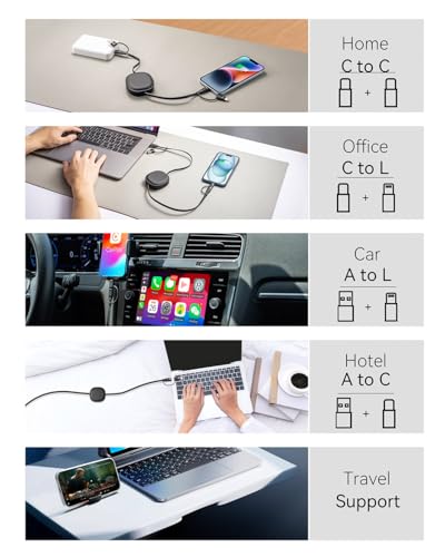 Versatile 5 in 1 Retractable Charging Cable Pack – 60 W USB C to Lightning Fast Charge for i Phone 16/15/14 Pro Max, i Pad & Samsung S24/S23 – Ideal Multi Device Solution for Home & Travel with Enhanced Durability