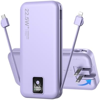 High-Efficiency 12000 m Ah Portable Power Bank with Built-In Cables and AC Plug – USB-C 22.5 W Fast Charger for i Phones, i Pads, Samsung Devices – Lightweight, Compact External Battery for Ultimate Mobility and Enhanced Device Compatibility