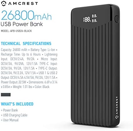 Amcrest 26,800 m Ah USB C Power Bank – High-Capacity Portable Charger with 22 W PD 3.0 Fast Charging, Dual USB Outputs & LED Display for Seamless Compatibility with Android & i OS Devices – Ideal for Travel & Daily Use