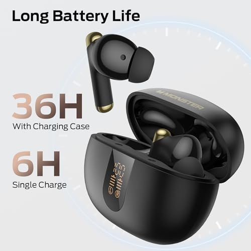Monster N-Lite 211 Bluetooth 6.0 Waterproof Wireless Earbuds – Cutting-Edge Noise-Cancelling Headphones with LED Battery Indicator and Ergonomic Sports Fit for Unmatched Sound Clarity and Connectivity