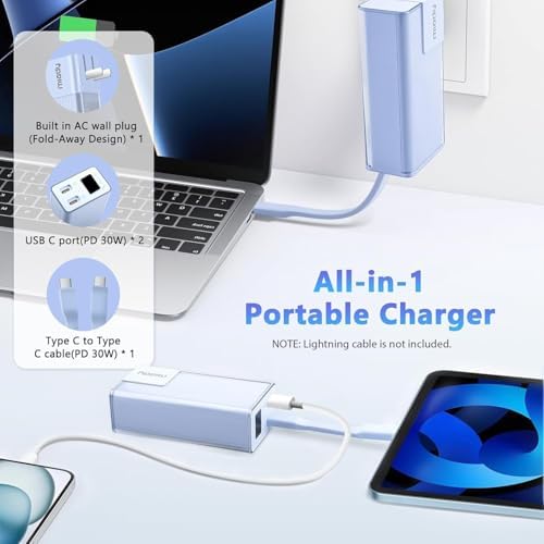 Miady 10000 m Ah Portable Charger with Built-in Foldable Wall Plug – PD 30 W Fast Charging Power Bank with USB-C Cable & LED Display – Lightweight Travel Essential for i Phone & Galaxy Smartphones in Stylish Cream Blue – Ultimate On-the-Go Charging Solution