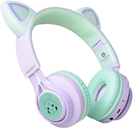 Riwbox CT-7 S Cat Ear Bluetooth Headphones for Kids – Fun LED Light Design with Safe 85 d B Volume Limiting, Comfortable Over-Ear Fit, Built-in Microphone for Seamless Video Calls and Gaming, Perfectly Compatible with Laptops, PCs, and TVs for Young Audiophiles Seeking Engaging Audio Adventures