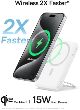 Baseus Qi2 Mag Safe Ultra-Slim Power Bank for i Phone 16/15/14/13/12 – 15 W Fast Wireless Portable Charger with Magnetic Design and 360° Rotatable Stand – 5000 m Ah Battery Pack for On-the-Go Charging – Sleek Black Finish and Enhanced Compatibility