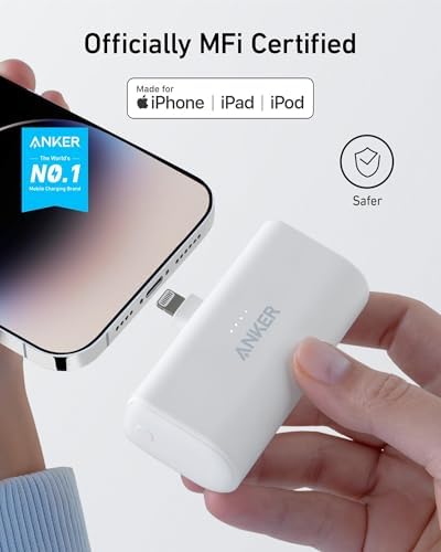 ANKER Nano Power Bank 5,000 m Ah with Built-in Lightning Connector – MFi Certified Portable Charger for Fast Charging i Phone 14/13/12 Series, Compact & Travel-Friendly Power Solution in Purple – Effortless, Tangle-Free Charging Anywhere