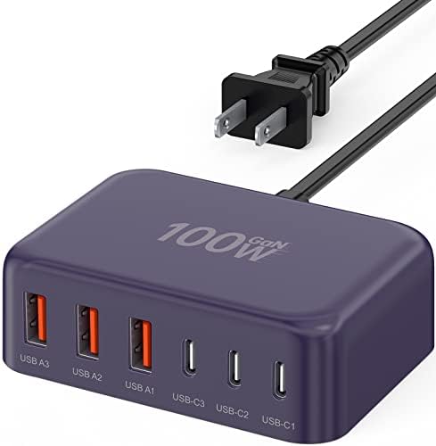 BREEKET 100 W USB C Fast Charger Hub – 6-Port Ga N Charging Station with 3 USB-A & 3 USB-C Connections – High-Speed Wall Adapter for i Phone 15/14/13/12/11 Pro Max, i Pad, Google Pixel & Samsung Galaxy Devices – Compact, Safe & Stylish Power Solution