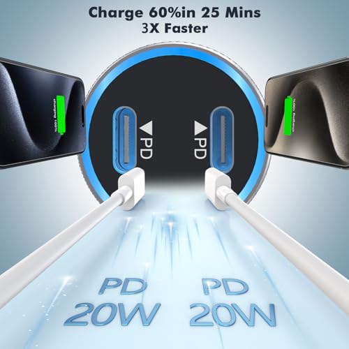 Effortless Power on the Go: 40 W Dual USB-C Fast Car Charger for i Phone with 2 Lightning Cables – Rapid Charging for i Phone 14/13/12/11 Pro Max and i Pads, Enhanced Compatibility, and Built-in Safety Features for Ultimate Device Protection