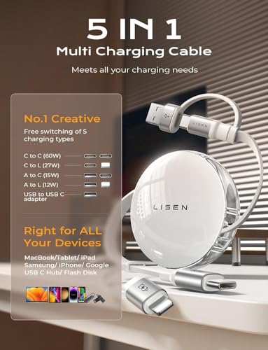 LISEN 5-in-1 Retractable Fast Charging Cable – 60 W Multi-Device Charger for i Phone, i Pad & Samsung with USB-C/A Ports – Compact and Portable Charging Solution for On-the-Go Power Needs
