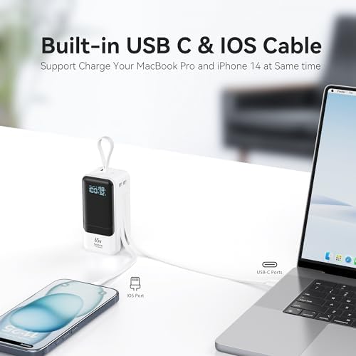 Ultimate Fast Charging Power Bank 18400 m Ah 65 W – Portable Laptop Charger with Built-in USB-C & Lightning Cables, LED Display, Ideal Travel Battery Pack for i Phone 16/15/14/13/12, Mac Book & Samsung – Unmatched Compatibility & Efficiency