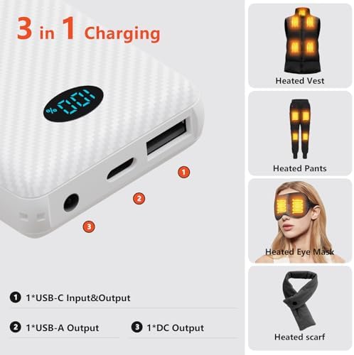 Maximize Your Outdoor Comfort: 2 Pack High-Capacity Heated Jacket Battery with 12000 m Ah Rechargeable Power Bank – Universal DC/USB/Type-C Output for All Heated Apparel and Mobile Devices, Ensuring Warmth and Connectivity on Every Adventure
