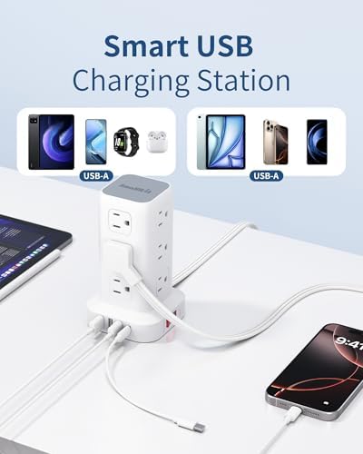 Revolutionize Your Workspace with the Ultra-Thin Surge Protector Power Strip Tower – 10 FT Flat Plug Extension Cord and 1 USB-C Port for Fast Charging, 1020 Joules of Device Protection, Perfect Desk Charging Station for Office and Dorm Room Essentials