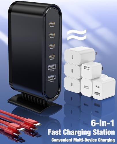 High-Power 96 W Multi-Device Charging Station – 6-Port USB-C Fast Charging Hub with 6 ft Cables for i Phone 16, 15 Pro Max, Samsung, Android & i Pad – Sleek Black Organizer for Home & Office Use – Rapid Charging Solution to Eliminate Cable Clutter