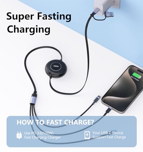 3-in-1 Retractable Multi Charging Cable, 100W Fast Charging USB-C/A to Lightning/USB-C/Micro USB Phone Charger Cord for iPhone 16/15, Samsung, MacBook, iPad （White） – Enhanced Compatibility and Speed