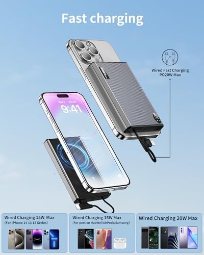 Ultra-Slim 10000 m Ah Magnetic Power Bank – Fast 20 W Charging with Built-in USB-C for i Phone 15/14/13/12 Pro Max – Lightweight Travel Charger with Mag Safe Technology and LED Display – Safe, Stylish, and Convenient Power Solution