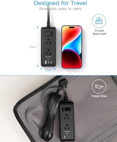 HANYCONY Travel Power Strip with 6 Outlets & 3 USB Ports – 5 ft Flat Plug Extension Cord for Cruise Ships & College Dorms – Space-Saving Wall Mount Design for Ultimate Convenience & Fast Charging Efficiency