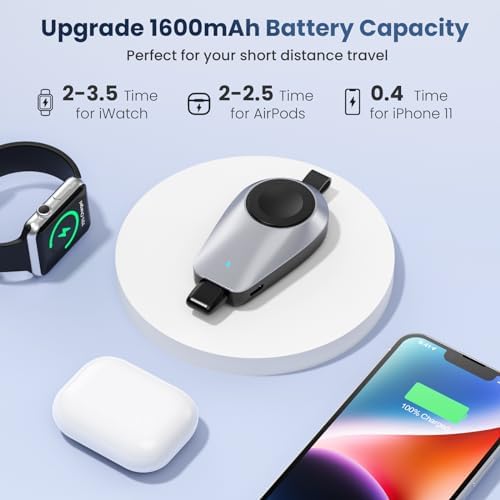 Ultra-Compact Magnetic Wireless Charger for Apple Watch & i Phone – 1600 m Ah Keychain Emergency Power Bank for Seamless Charging on the Go – Compatible with i Watch 9/8/Ultra/7/6/SE/5/4/3 & i Phone 5-14 Series (Sleek Black) – Ideal for Travelers and Professionals