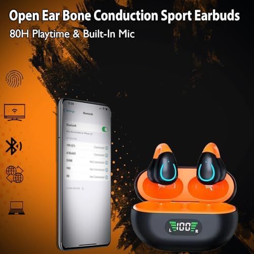 Open Ear Bone Conduction Bluetooth Headphones – Waterproof Sports Earphones with Secure Earhooks, Integrated Hands-Free Microphone, and Wireless Charging Case for Active Lifestyles and Enhanced Safety Awareness