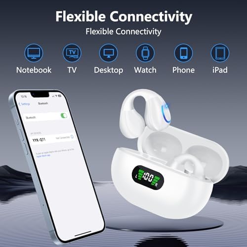 Revolutionize Your Audio Journey with Cutting-Edge Open Ear Bone Conduction Bluetooth 5.3 Earbuds – Ergonomic Clip-On Design for Active Lifestyles, Unmatched 60-Hour Playtime in Digital Display Charging Case, IPX7 Waterproof for Ultimate Performance and Comfort, Stay Aware of Your Surroundings While Enjoying Pristine Sound Quality