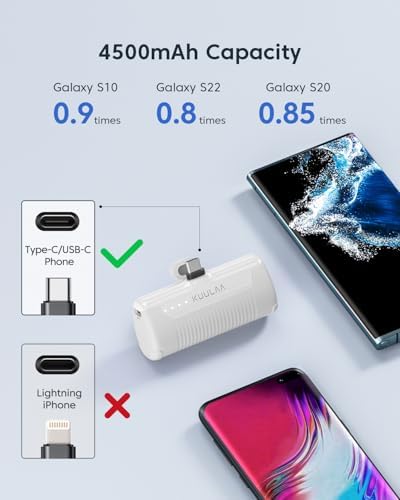 Compact Kuulaa 4500 m Ah Portable Phone Charger with Integrated USB-C Plug – Ultimate Travel Power Bank for i Phone 15/16, Samsung S22/S23 & Android Devices – Fast Charging, Lightweight Design for On-the-Go Convenience