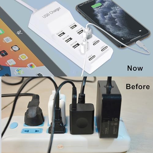 10-Port USB Charging Station – Fast Charging Dock with 6 USB-A & 4 USB-C Ports for Phones, Tablets, and Smartwatches – Sleek White Multi-Device Charger for Home and Office Efficiency